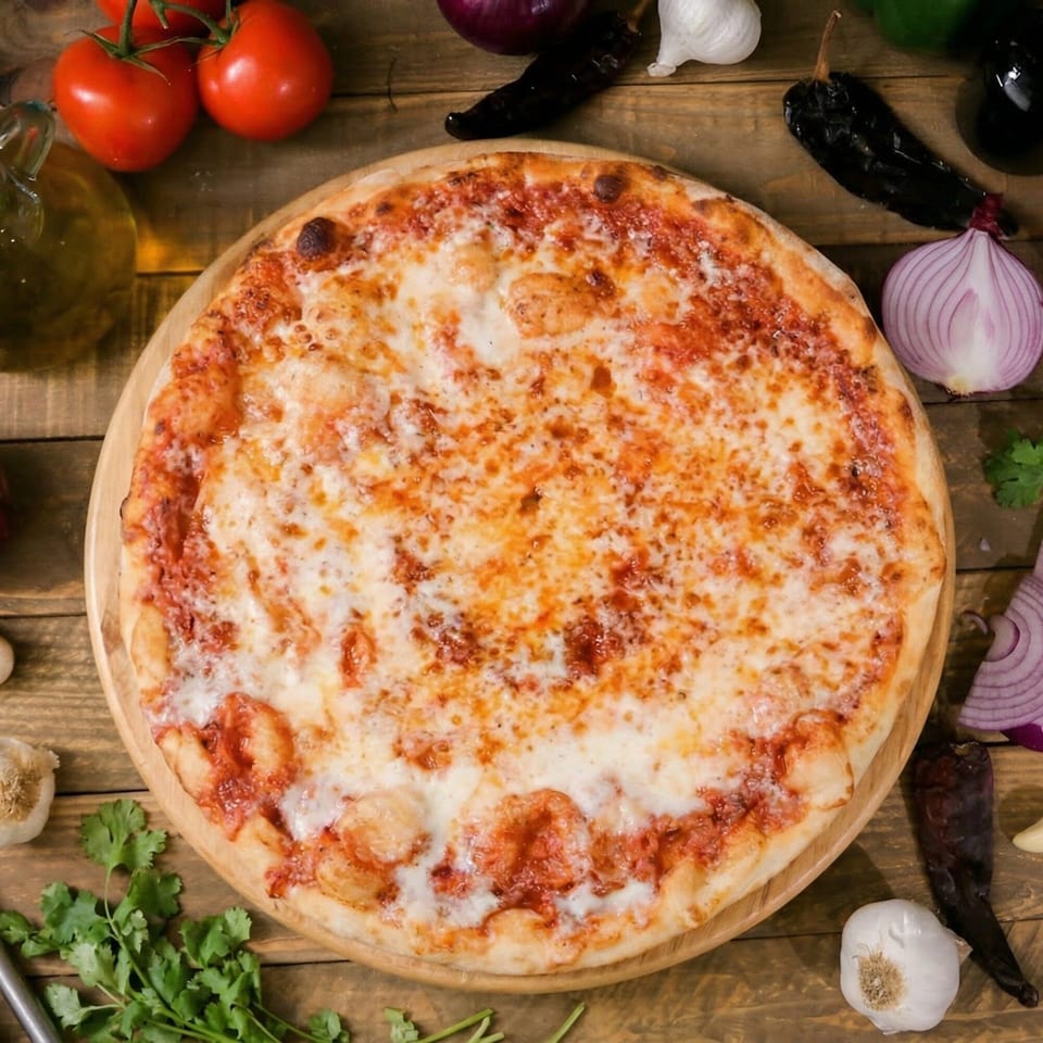 A cheese pizza on a wooden board surrounded by fresh tomatoes, garlic, onions, and peppers.