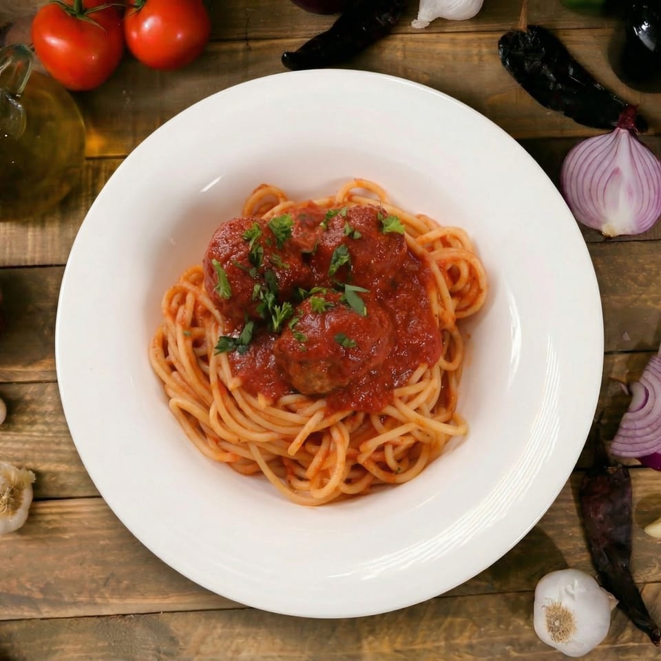 Spaghetti and meatballs with tomato sauce and parsley, surrounded by fresh ingredients on a wooden table.