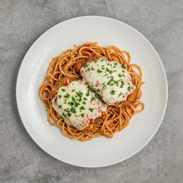 Chicken Parmigiana with Spaghetti.