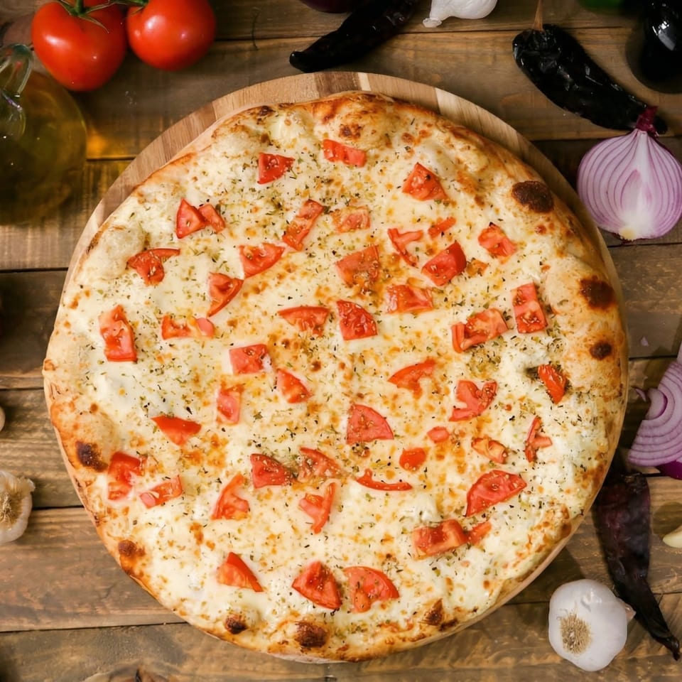 A white pizza with diced tomatoes and herbs on a wooden board, surrounded by fresh ingredients.