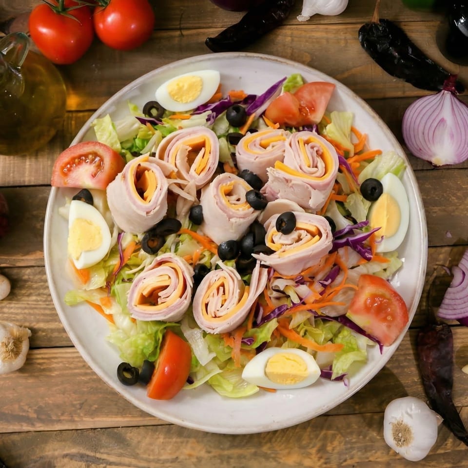 Overhead view of a chef salad with turkey and cheese rolls, tomatoes, olives, and hard-boiled eggs.