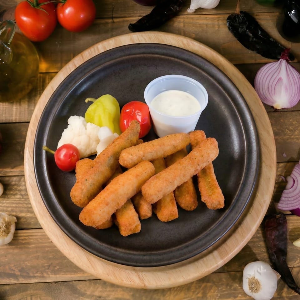 Crispy fried mozzarella sticks with ranch dip, pickled vegetables, and fresh produce on a wooden table.